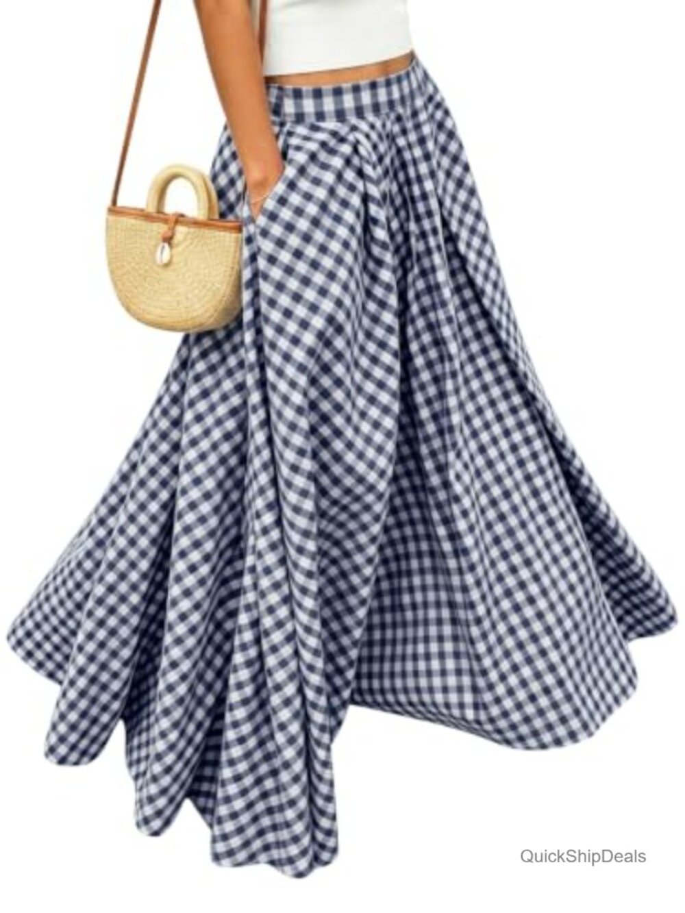 Womens Gingham Plaid Maxi Skirt Flowy A-Line Summer Long Skirt